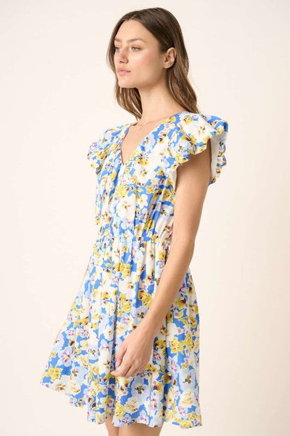 New Summer Floral V-Neck Cap Sleeve Mini Dress For Women – Charming Floral Print Mini Dress with V-Neckline and Cap Sleeves