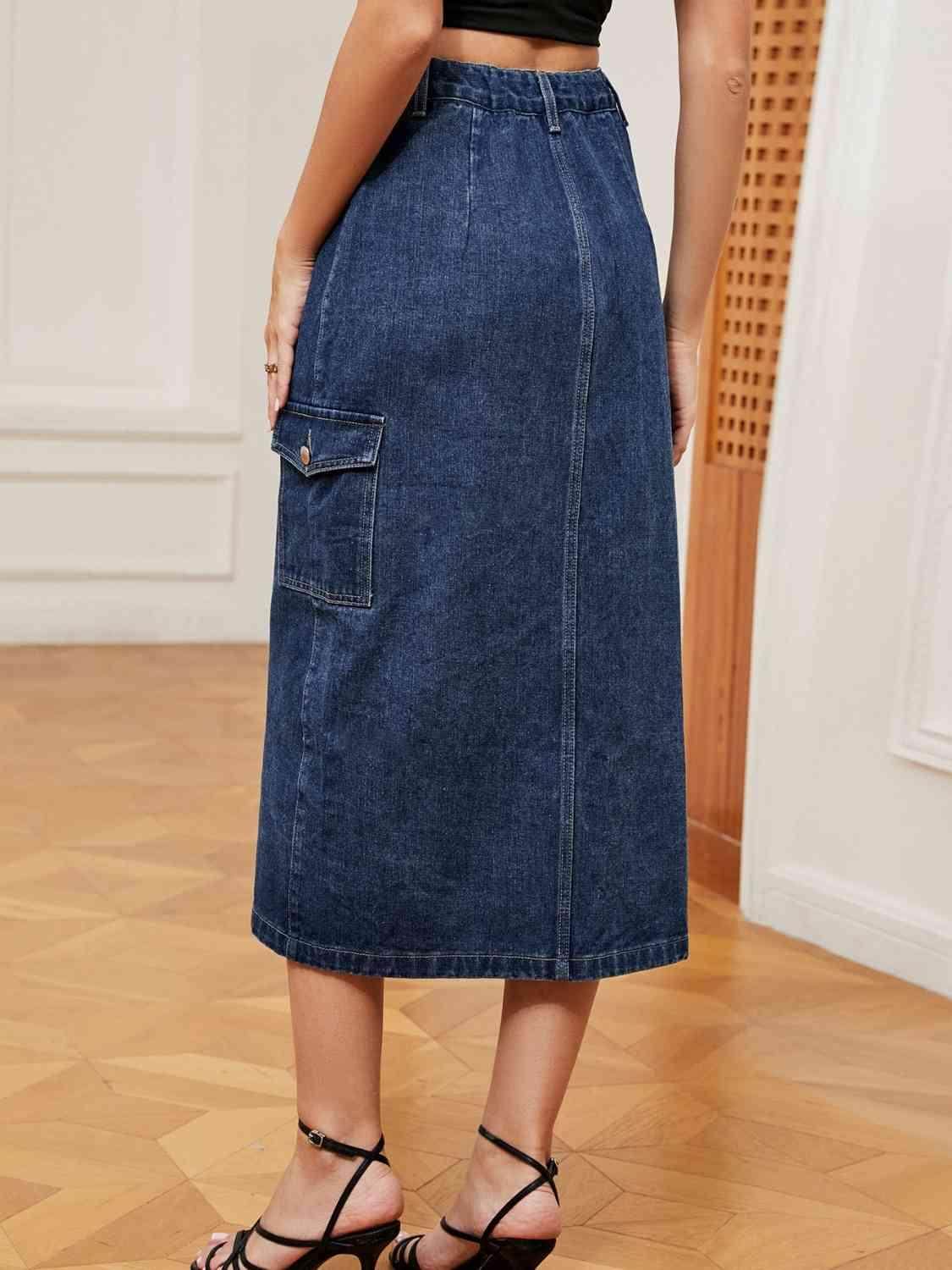 Button Down Midi Denim Skirt with Pockets and Button Detail