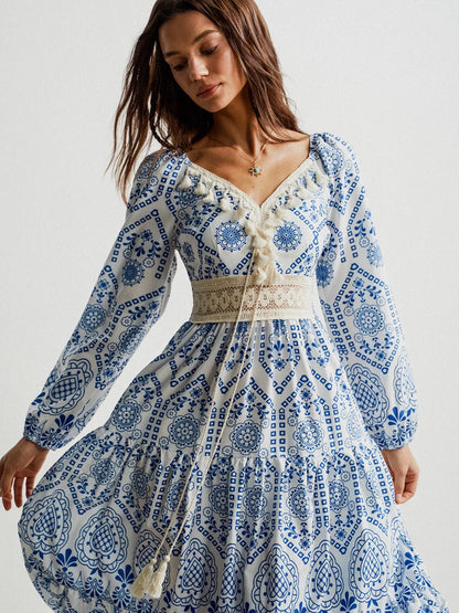 Bohemian Print Midi Dress with Tassel Detail