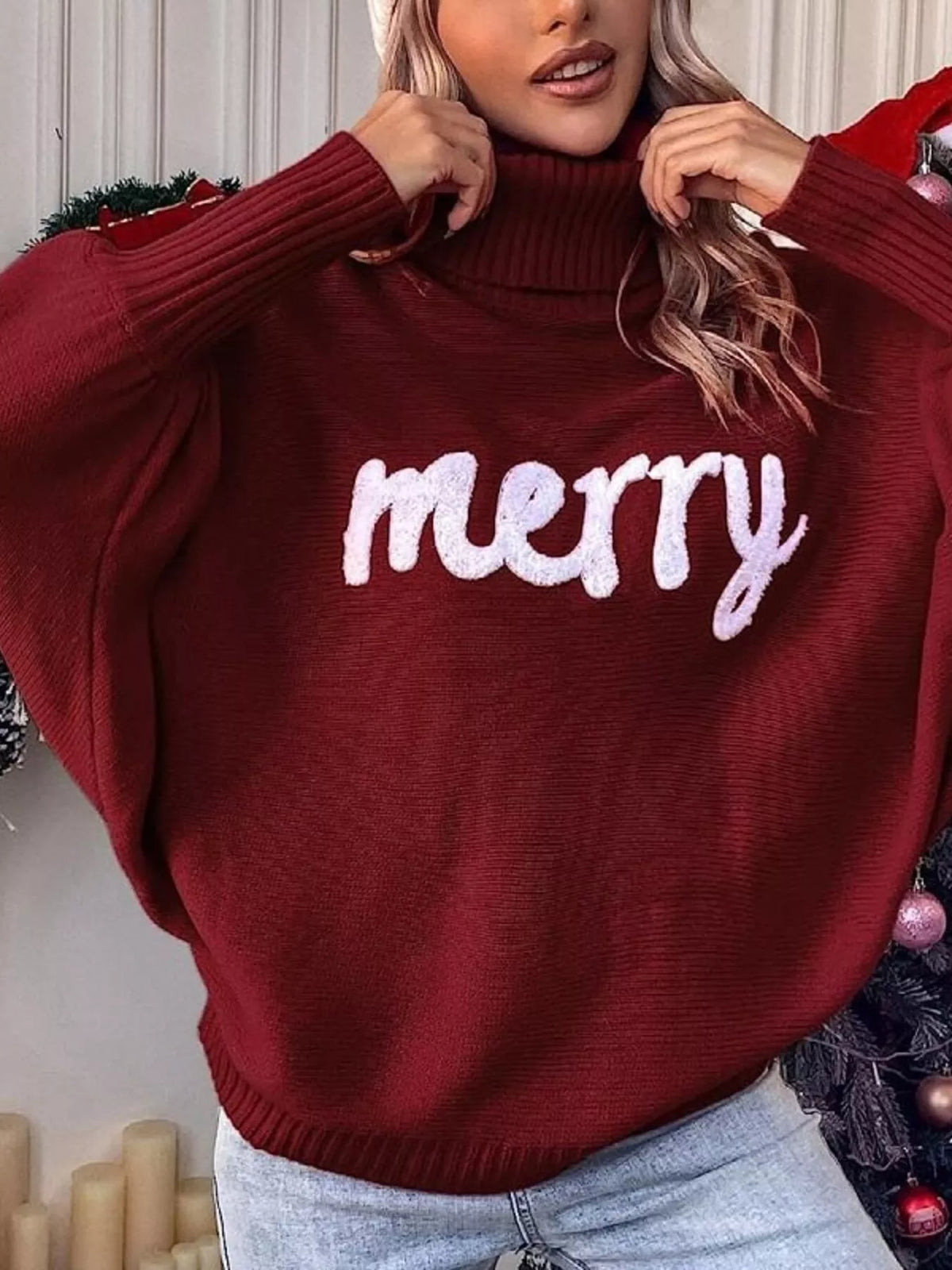 Merry Turtleneck Long Sleeve Christmas Sweater