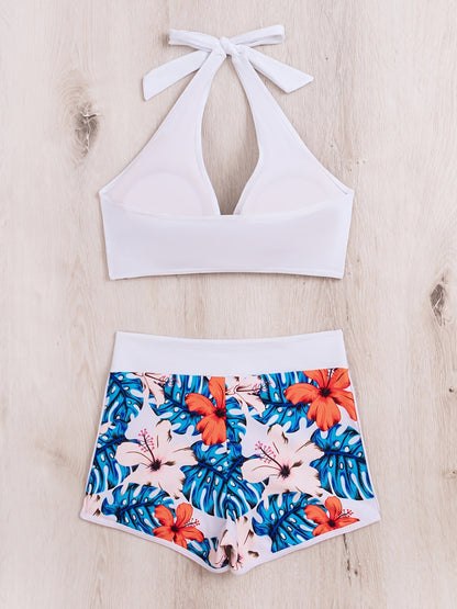 Bikini Floral Halter Neck 2 Piece Swimsuit for Women – Elegant Backless Bikini Set with Tie-Neck Bow and High Waist Shorts Bottoms – Stretchy and Comfortable Summer Swimwear for Beach Pool and Vacation