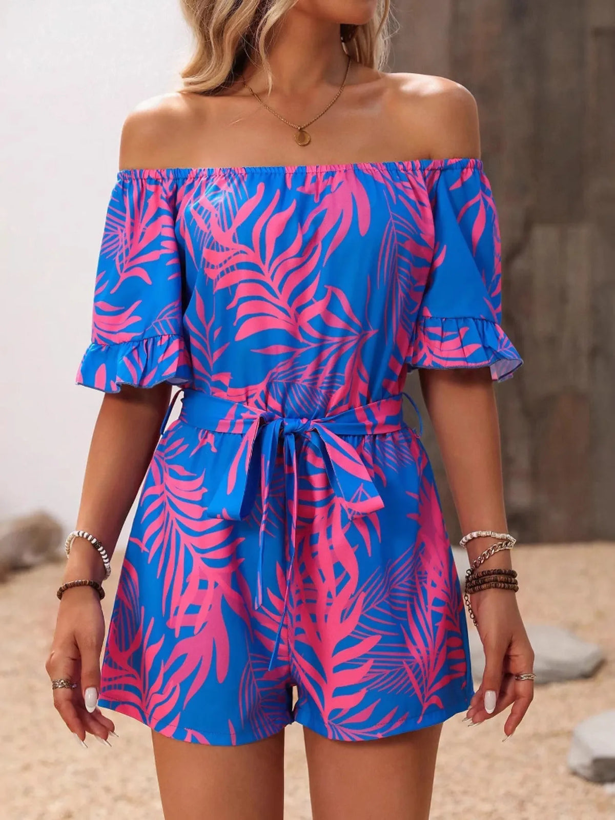 Tropical Print Off-Shoulder Romper For Women