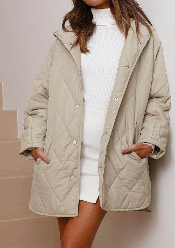 Snap Down Long Sleeve Quilted Winter Coat for Women