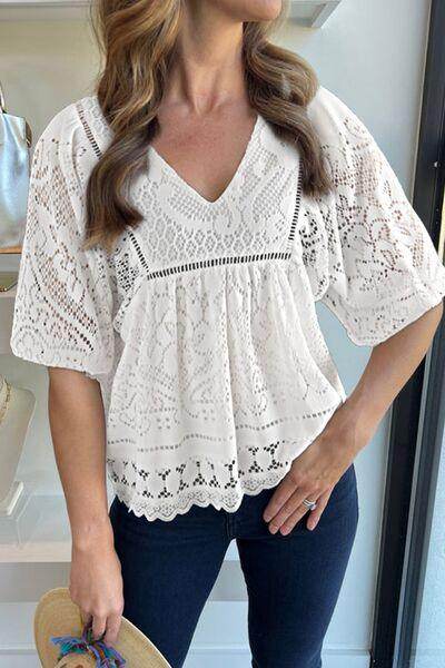 Lace Crochet Hollowed Scallop Hem V Neck Blouse for Women