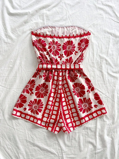 Printed Tube Tie Waist Romper