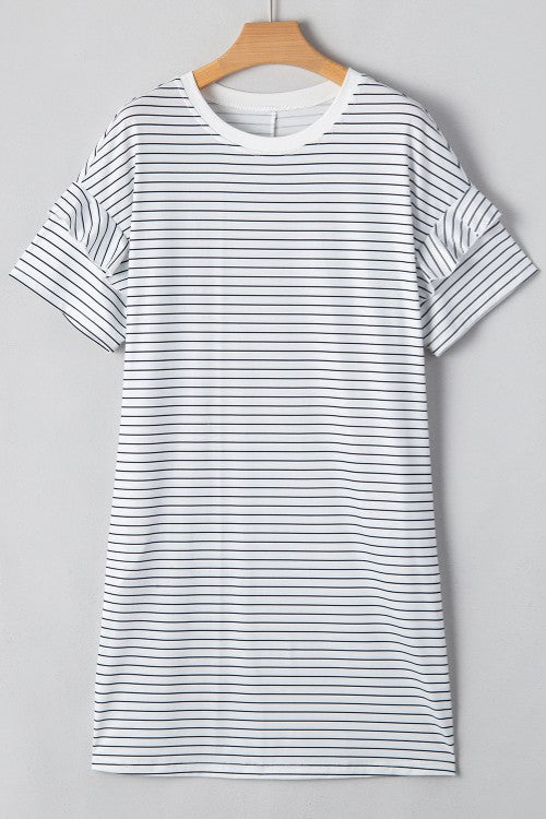White Striped Round Neck Short Sleeve Mini Dress Casual &amp; Playful Everyday Look Dress