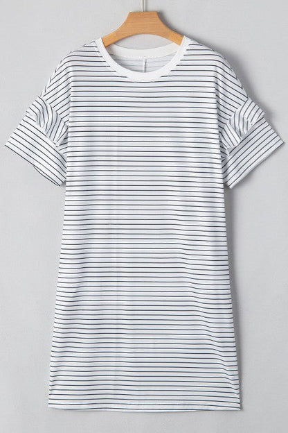 White Striped Round Neck Short Sleeve Mini Dress Casual &amp; Playful Everyday Look Dress