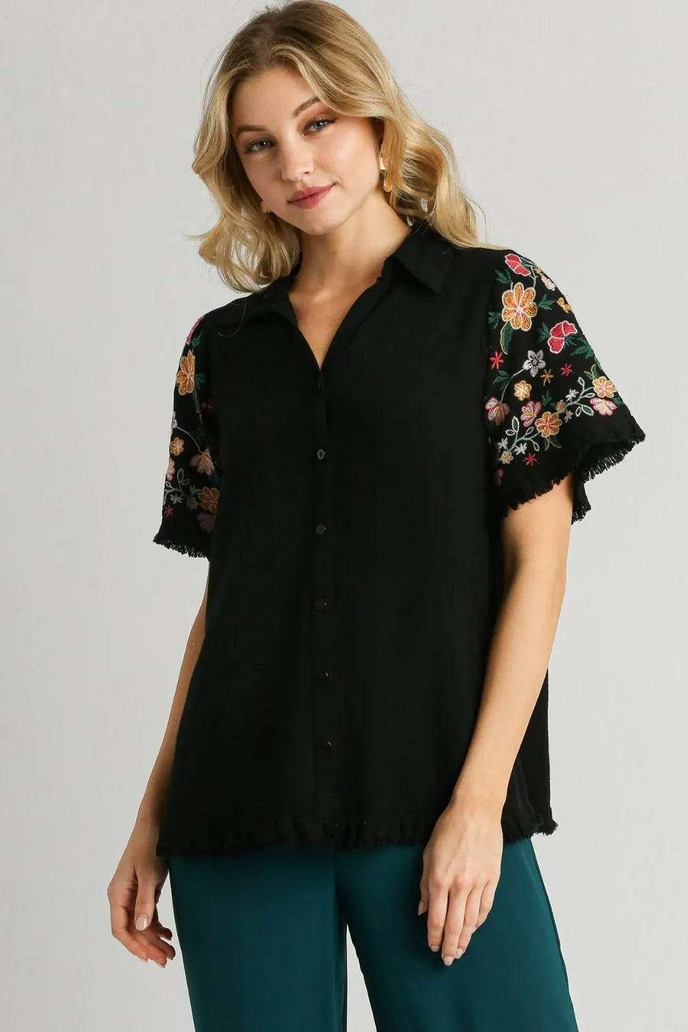 Umgee Full Size Linen Shirt with Embroidered Sleeves Plus Size