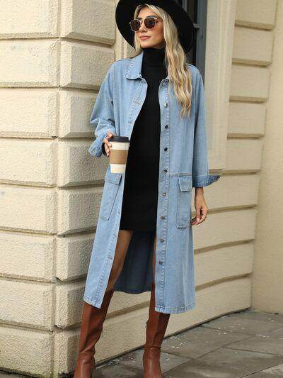 Pocketed Button Down Collared Neck Denim Jacket for Women