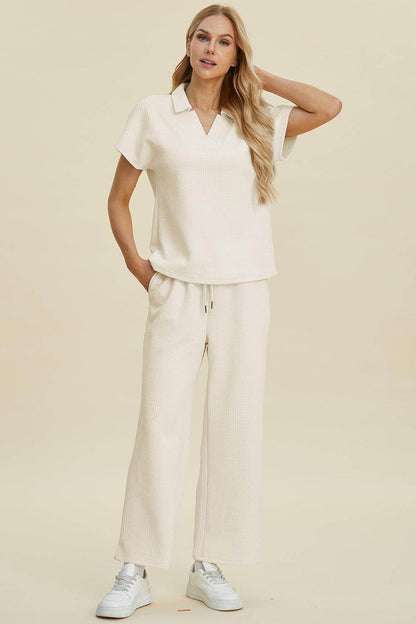 Double Take Full Size Collared Neck Short Sleeve Top Set