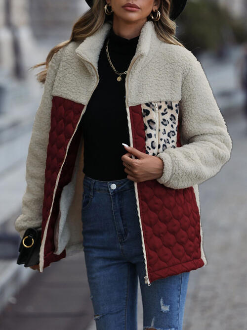 Unique Autumn Leopard Color Block Zip-Up Jacket Trendy Lightweight Jacket with Pockets Charming Winter Jacket