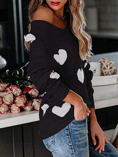 Heart Scoop Neck Long Sleeve Sweater for Women Cozy Style
