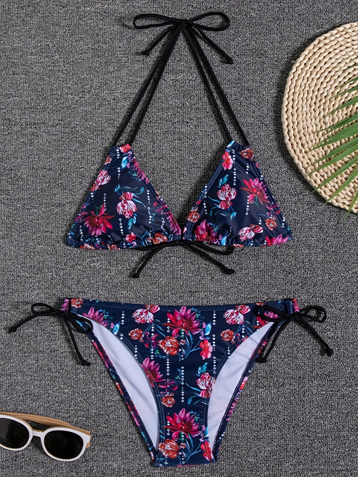 Sunset Bloom 2-Piece Triangle Bikini Set for Women – Vibrant Random Floral Print Halter Neck Swimsuit with Tie-Back Tie-Side Bottoms &amp; High Cut Legs – Women&