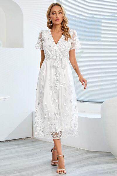 Sequin Leaf Embroidery Tie Front Short Sleeve Dress for Women