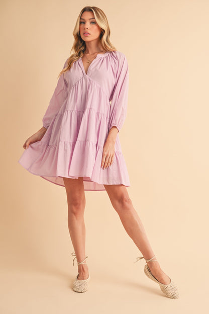 Notched Balloon Sleeve Tiered Mini Dress For Women–Trendy, Chic Style with Modern Balloon Sleeves, Tiered Layers for a Playful &amp; Flirty Look