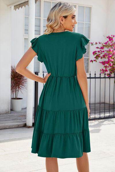 Ruched Notched Cap Sleeve Dress with Pockets and Stretch