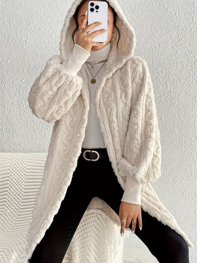 Beige Long Winter Open Front Long Sleeve Fuzzy Hooded Jacket Cozy &amp; Stylish Outerwear