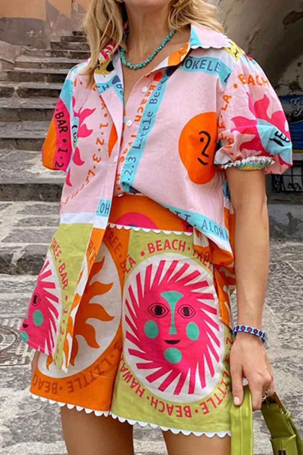 Printed Button Down Shirt and Shorts Set