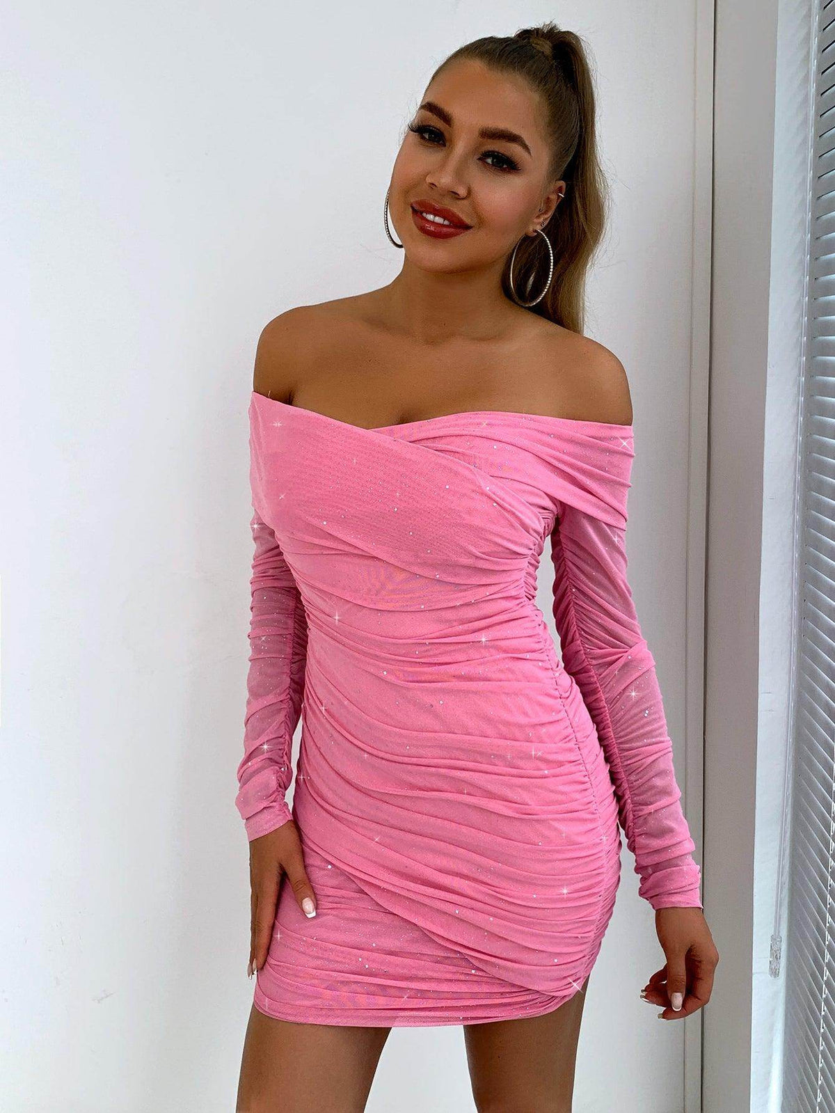Glitter Ruched Off-Shoulder Long Sleeve Bodycon Dress for Women