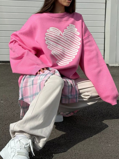 Heart Round Neck Oversized Sweater