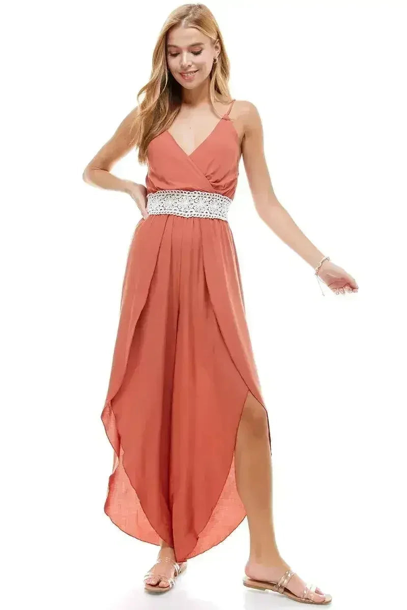 FLORAL &amp; SOLID CROCHET TULIP LEG CAMI JUMPSUIT