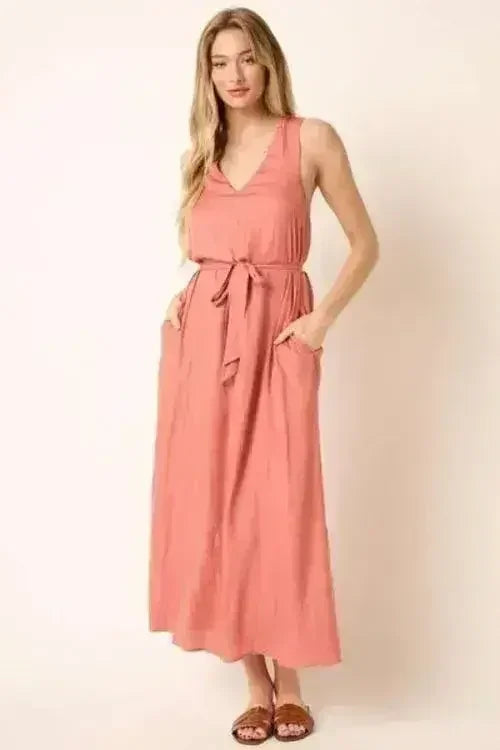 Ginger Cross Back Belted V Neck Maxi Dress – femstylo