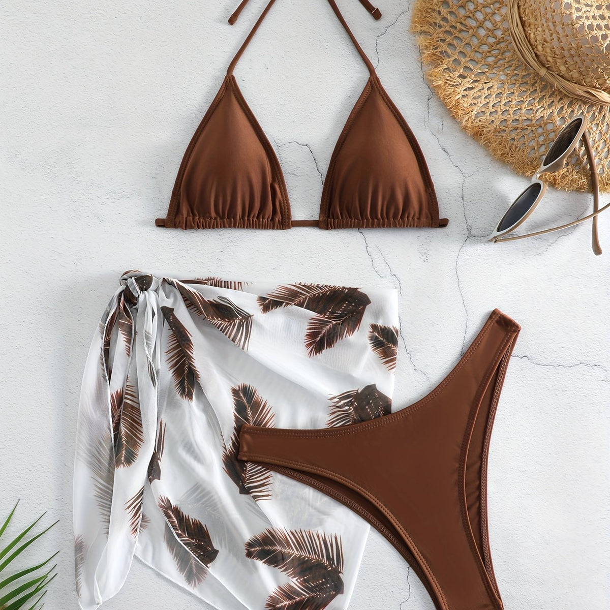 Feather Luxe 3-Piece Bikini Set – Exotic Feather Print Halter Neck Backless Swimsuit with High Cut Tie Back Bottoms and Wrap Cover-Up – Women’s High-Stretch Comfortable Swimwear for Summer Beach &amp; Pool Vacations