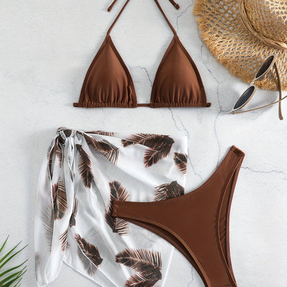 Feather Luxe 3-Piece Bikini Set – Exotic Feather Print Halter Neck Backless Swimsuit with High Cut Tie Back Bottoms and Wrap Cover-Up – Women’s High-Stretch Comfortable Swimwear for Summer Beach &amp; Pool Vacations