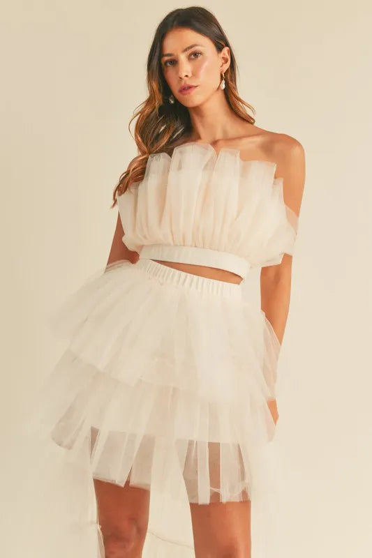 MABLE Tulle Tube Ruffle Crop Top and High Low Maxi Skirt Set