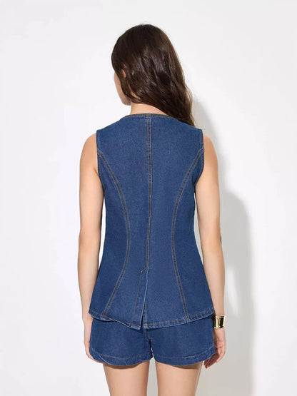 Button Up Sleeveless Denim Top and Shorts Set