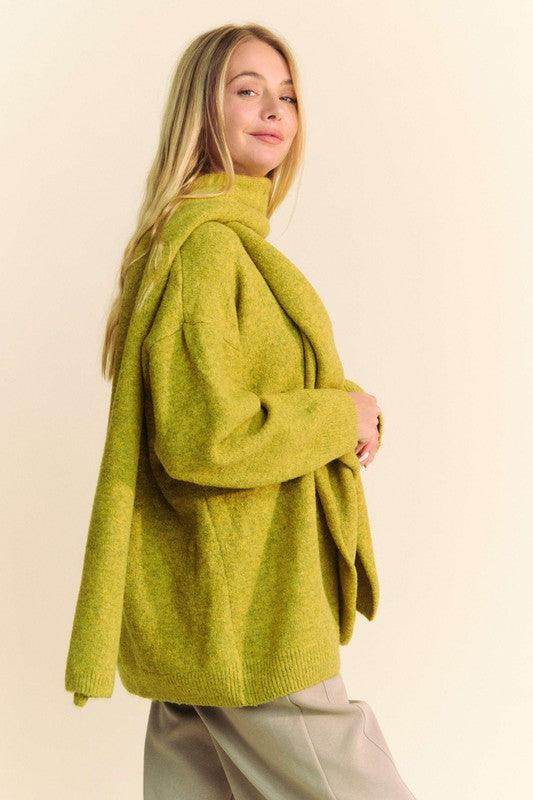 Davi &amp; Dani V-Neck Dropped Shoulder Sweater with Scarf