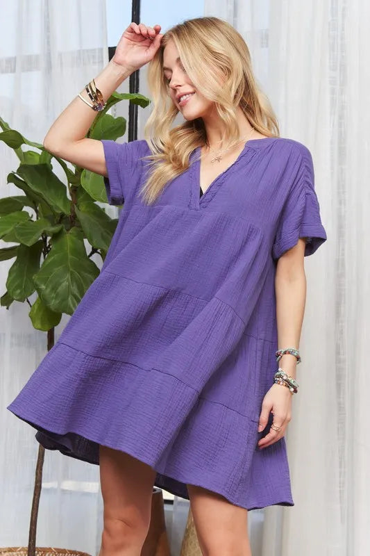 New Summer Tiered Notched Short Sleeve Dress For Women – Versatile, Elegant, Chic, Stylish, Comfortable &amp; Fashionable