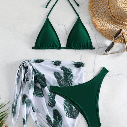 Feather Luxe 3-Piece Bikini Set – Exotic Feather Print Halter Neck Backless Swimsuit with High Cut Tie Back Bottoms and Wrap Cover-Up – Women’s High-Stretch Comfortable Swimwear for Summer Beach &amp; Pool Vacations