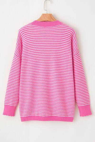 Striped V-Neck Dropped Shoulder Sweater for Women