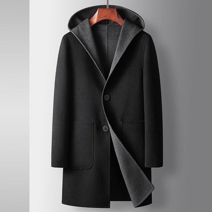 Mens Mid-Length Wool Coat With A Hood Reversible Style