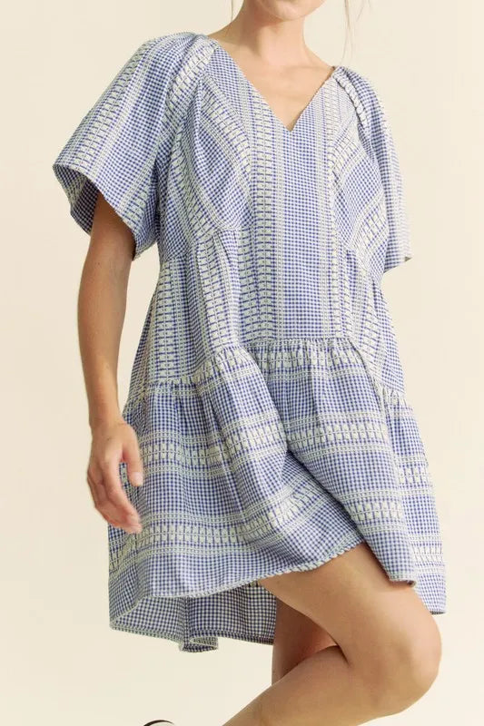 Davi &amp; Dani Embroidered Stripe Ruffled Gingham Mini Dress