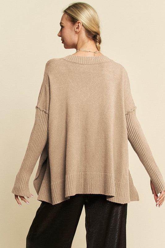 Davi &amp; Dani Ribbed Side Slit V-Neck Sweater for Women