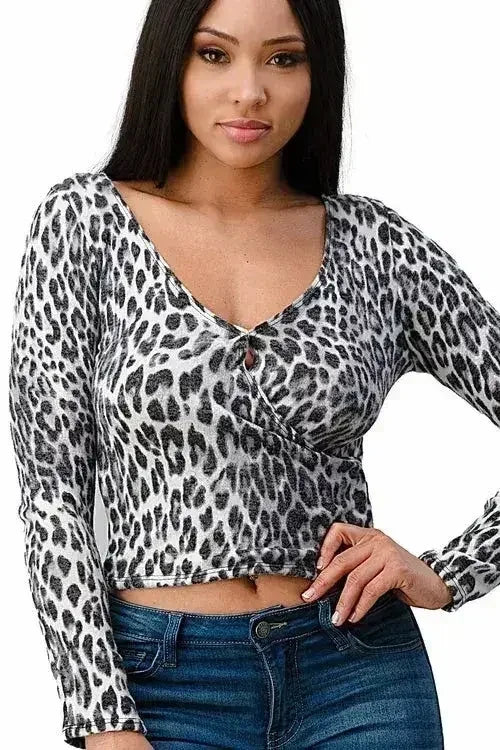 Animal Print Crop Top - Ruched Long Sleeve Blouse in Grey &amp; Brown | Femstylo