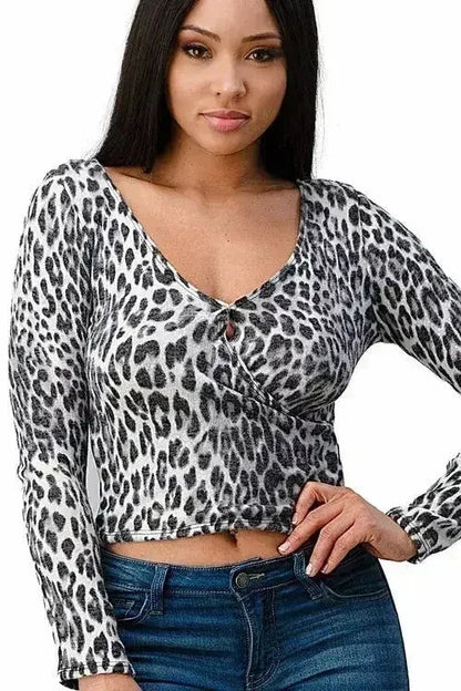 Animal Print Crop Top - Ruched Long Sleeve Blouse in Grey &amp; Brown | Femstylo