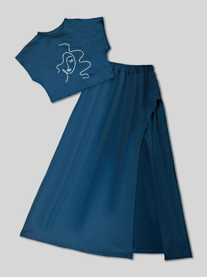 Round Neck Short Sleeve Top and Skirt Set