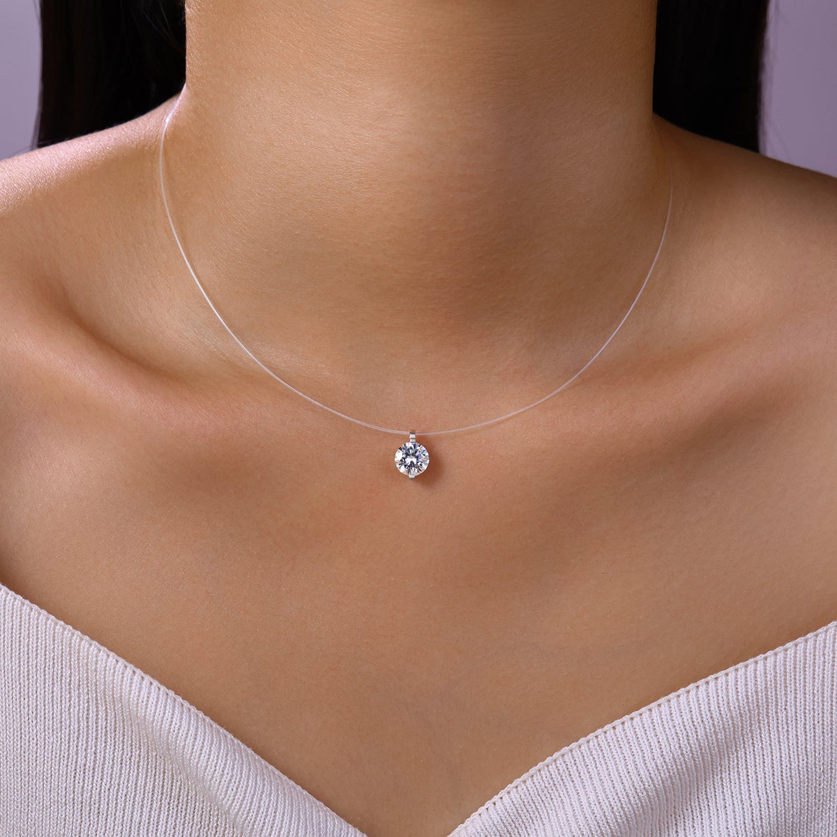 S925 Sterling Silver Invisible Necklace, 1&amp;2&amp;3ct D-VVS1 Moissanite Solitaire Pendant, Platinum Plated 40&amp;46cm Chain, GRA Certified Gift Box