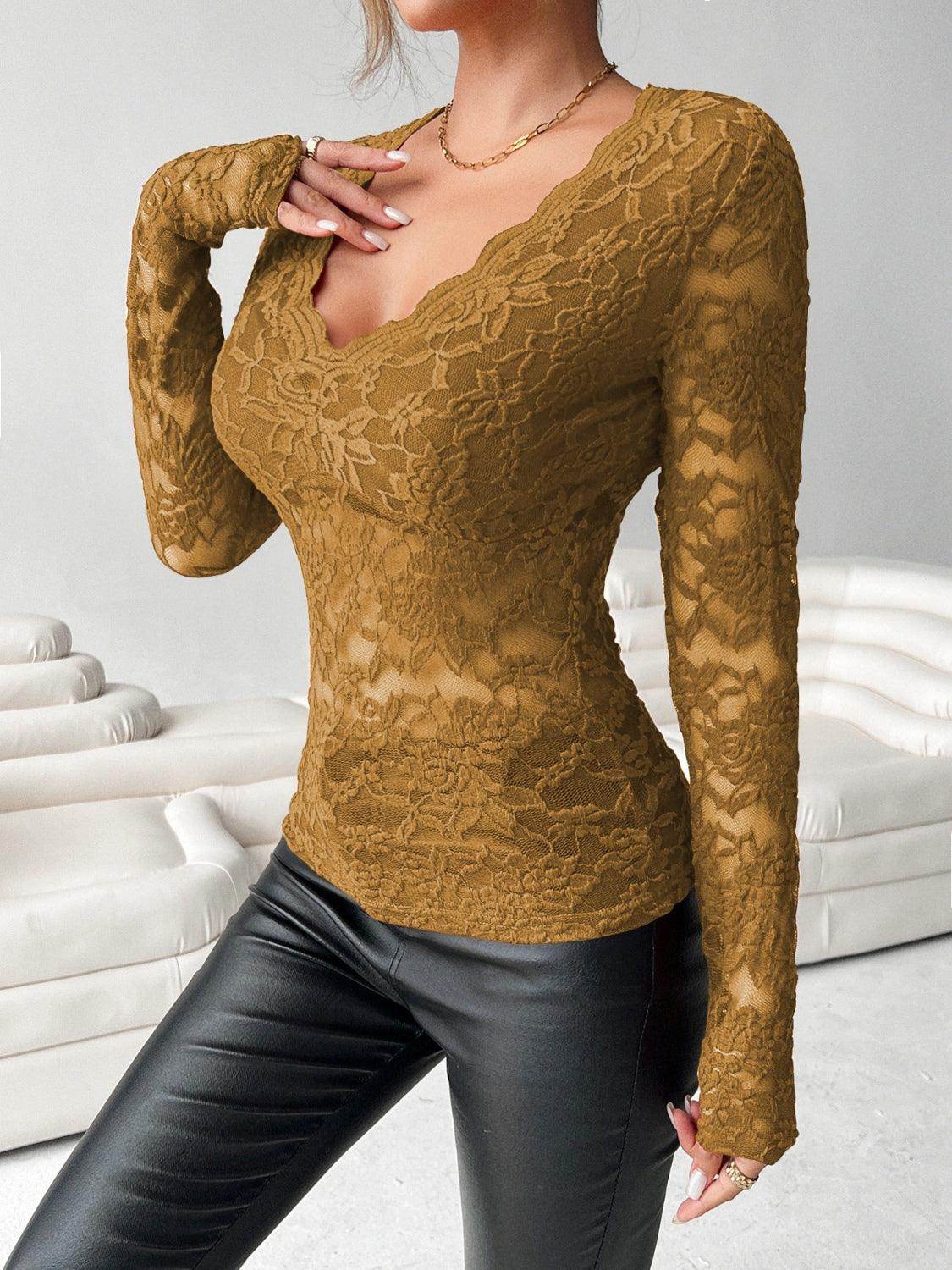 V-Neck Long Sleeve Lace Top for Women in Various Sizes