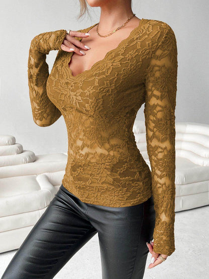 V-Neck Long Sleeve Lace Top for Women in Various Sizes