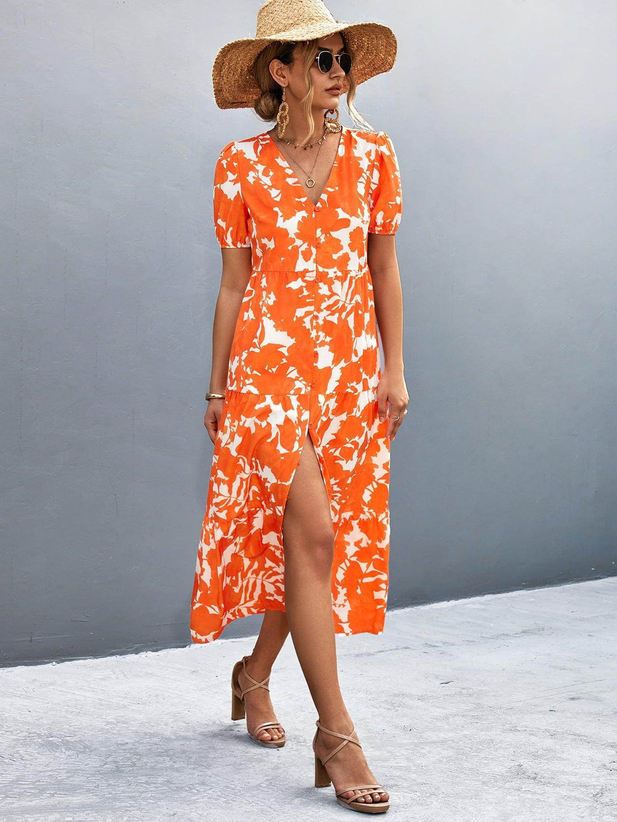 V-Neck Short Sleeve High Slit Midi Dress for Chic Style