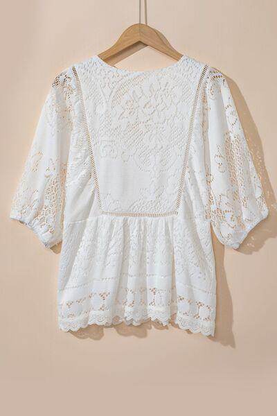 Lace Crochet Hollowed Scallop Hem V Neck Blouse for Women