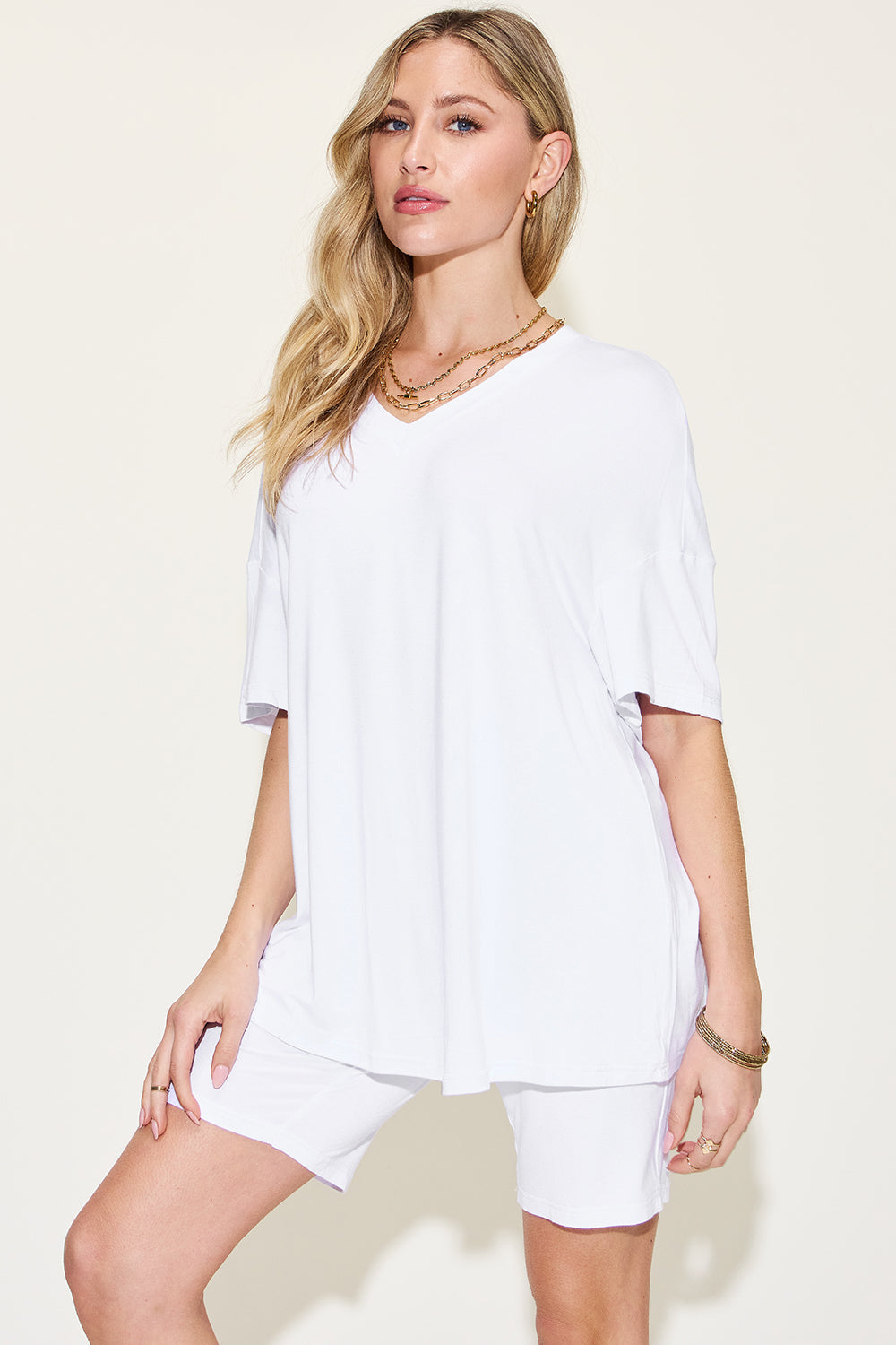 Relaxed Fit Rayon V-Neck Tee &amp; Shorts Set