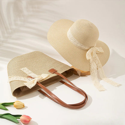 Straw Hat &amp; Tote Set – Beach Vacation Sun Protection Duo, Large Capacity Travel Tote