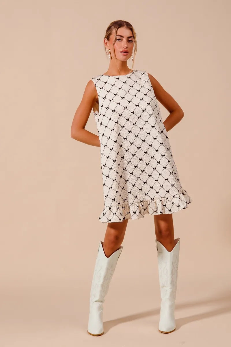 SO ME Texture Bow Printed Mini Ruffle Dress