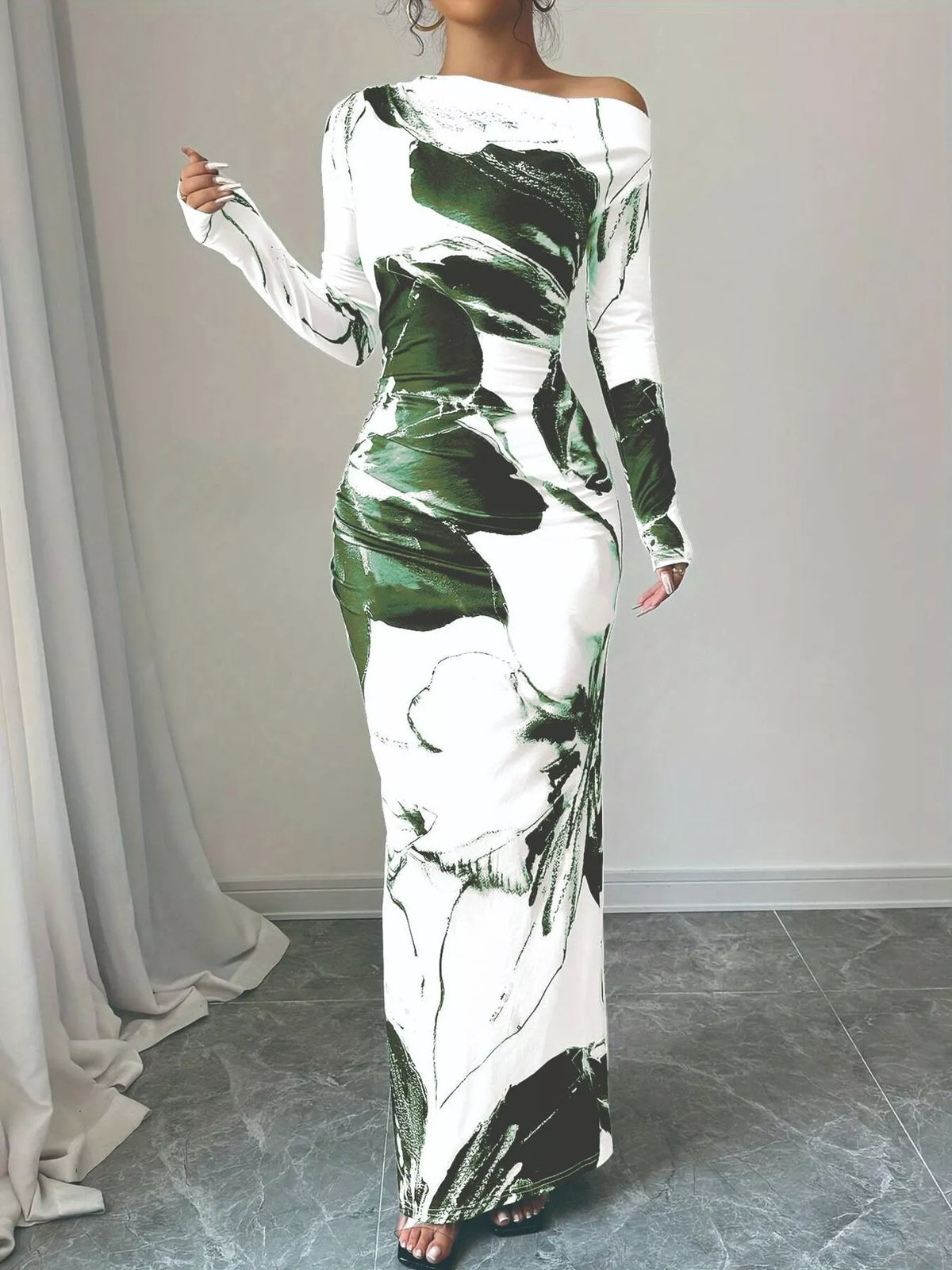 Floral One Shoulder Long Sleeve Maxi Dress
