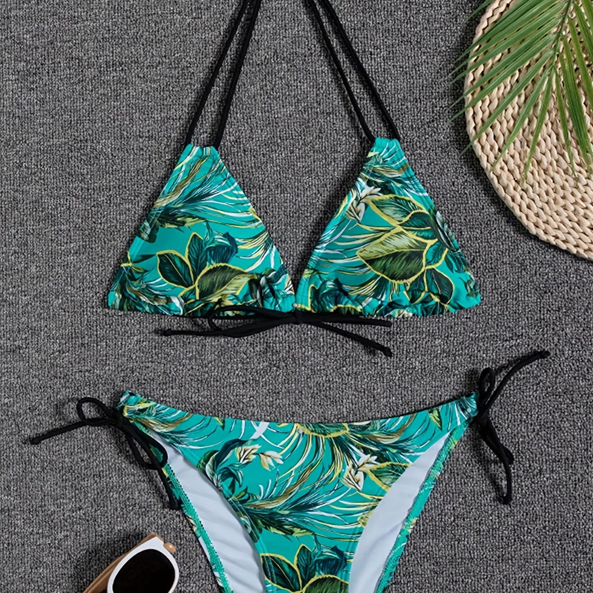 Sunset Bloom 2-Piece Triangle Bikini Set for Women – Vibrant Random Floral Print Halter Neck Swimsuit with Tie-Back Tie-Side Bottoms &amp; High Cut Legs – Women&